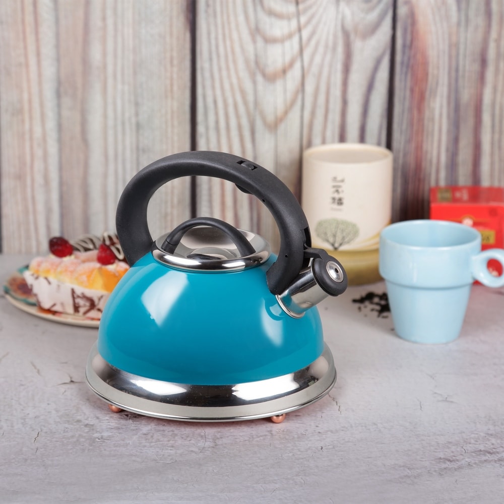 Creative Home Alexa 3.0 Quart Stainless Steel Whistling Tea Kettle with Aluminum Capsulated Bottom, Aqua Color