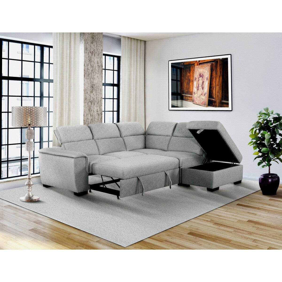 Creed Light Grey Sectional Sofa Bed with Storage Ottoman