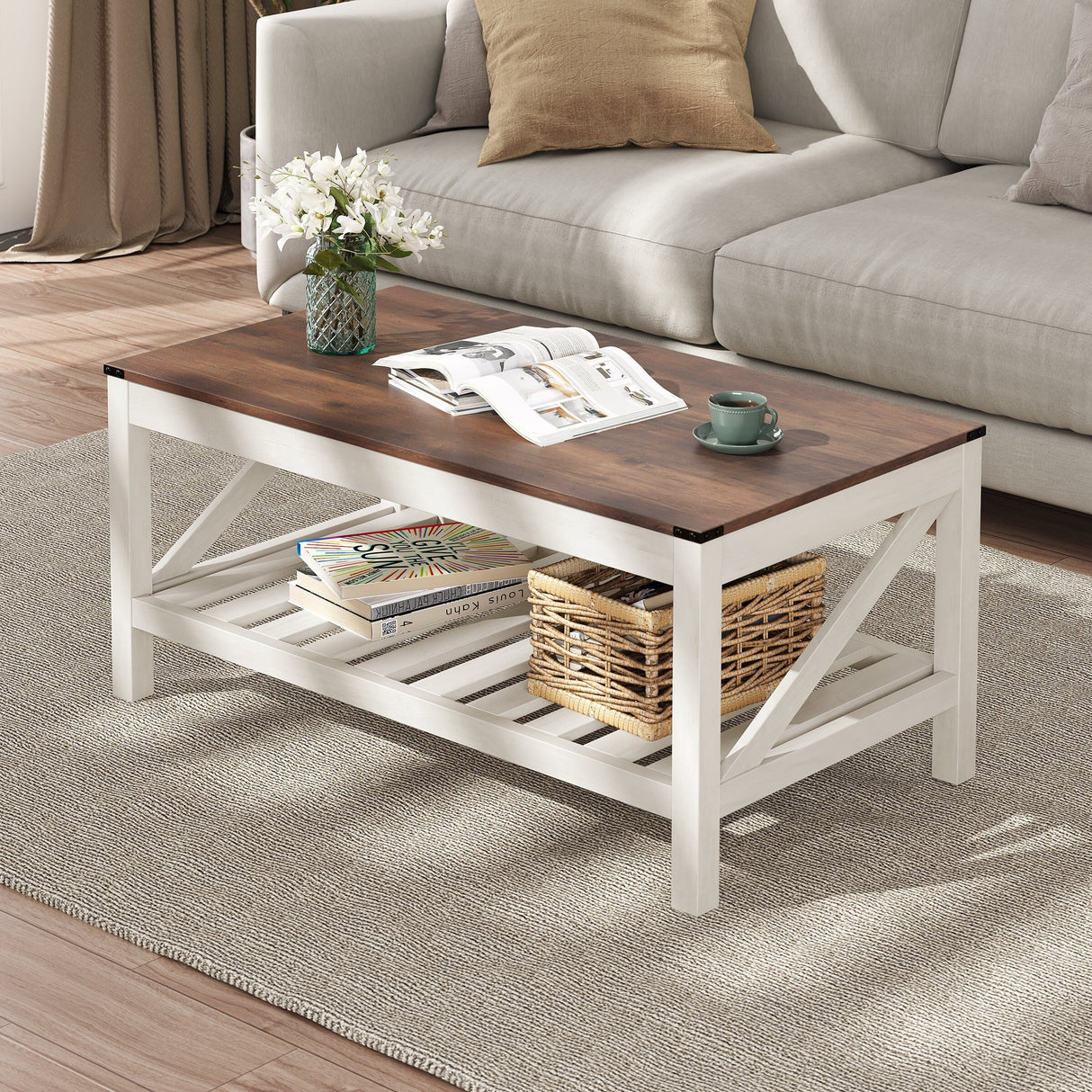 Crestlive Living Room Coffee Table with Storage Shelf, Sofa Center Table - 40.16" W x 22.05" D x 18.11" H