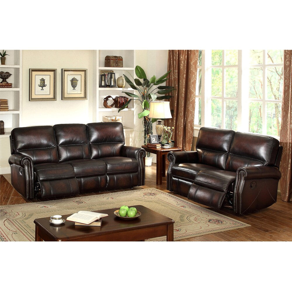 Crestview Dark Brown Top Grain Leather Lay Flat Reclining Sofa and Loveseat