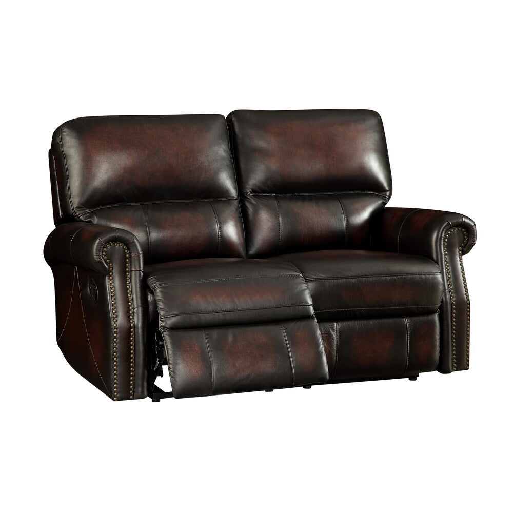 Crestview Dark Brown Top Grain Leather Lay Flat Reclining Sofa and Loveseat