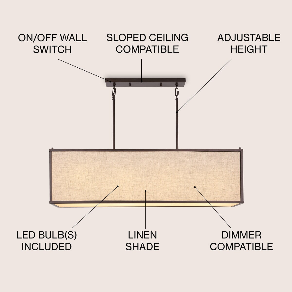 Crosby 42" 4-Light Minimalist Industrial Rectangular Linen Iron Linear LED Pendant, Oil Rubbed Bronze/Beige by JONATHAN Y