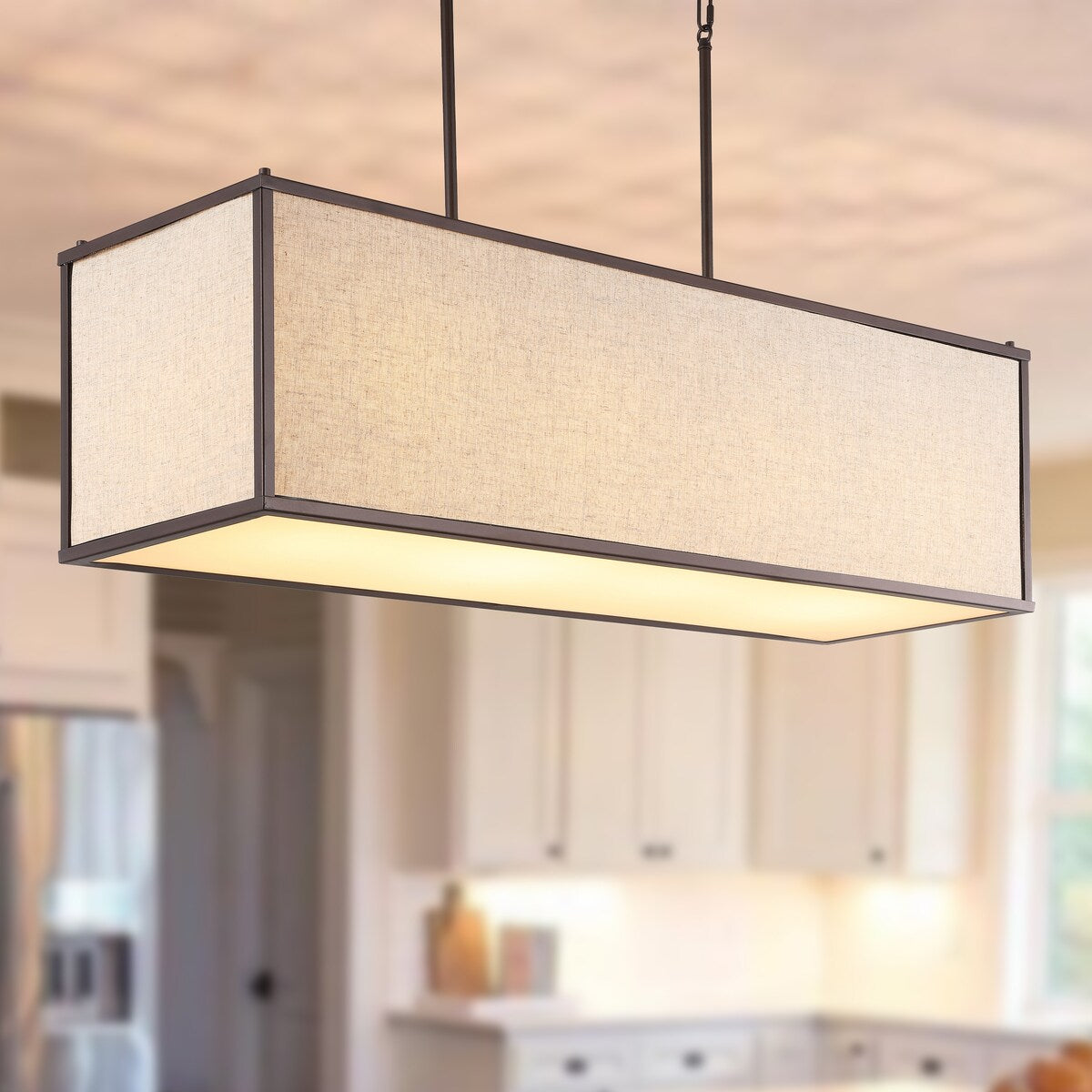 Crosby 42" 4-Light Minimalist Industrial Rectangular Linen Iron Linear LED Pendant, Oil Rubbed Bronze/Beige by JONATHAN Y