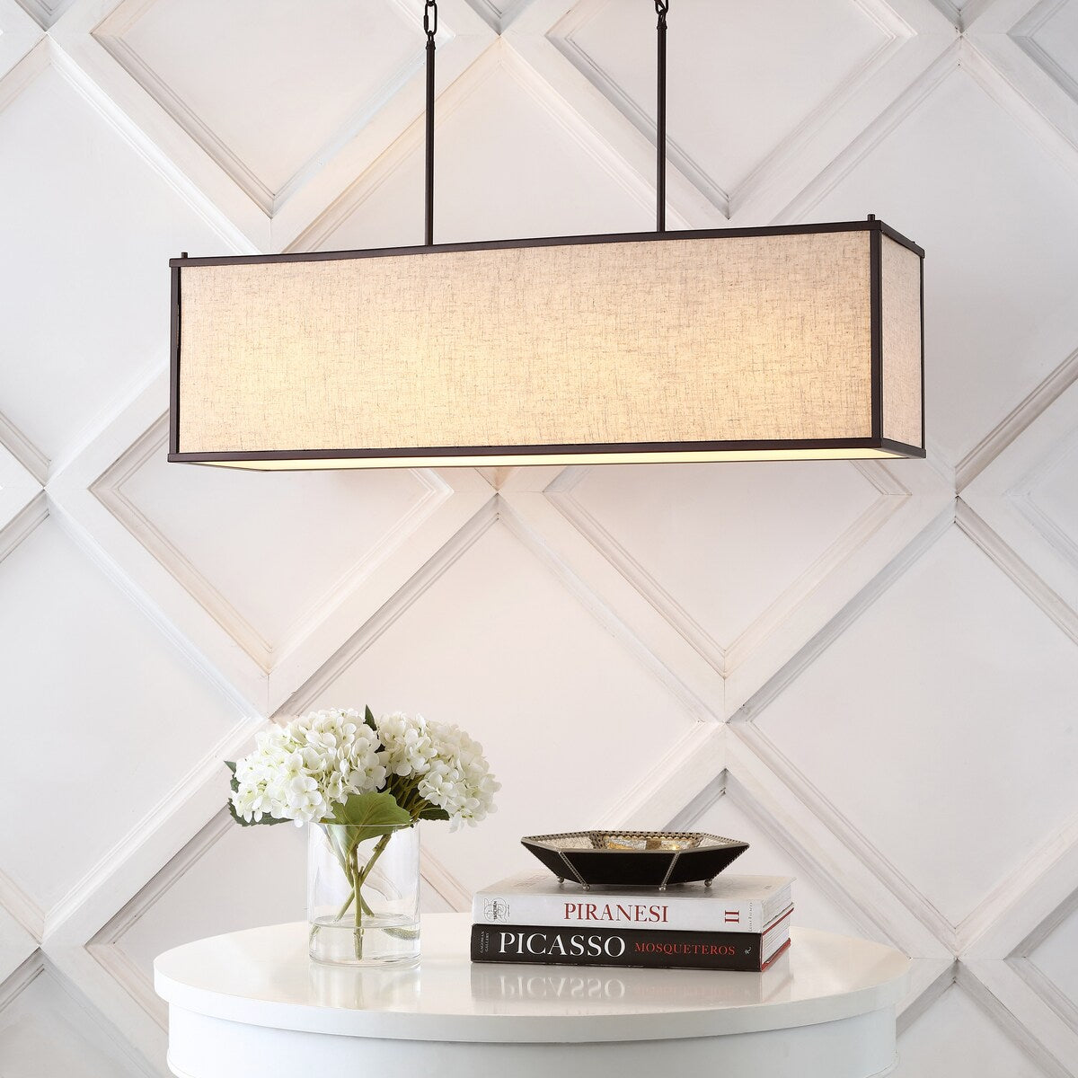 Crosby 42" 4-Light Minimalist Industrial Rectangular Linen Iron Linear LED Pendant, Oil Rubbed Bronze/Beige by JONATHAN Y