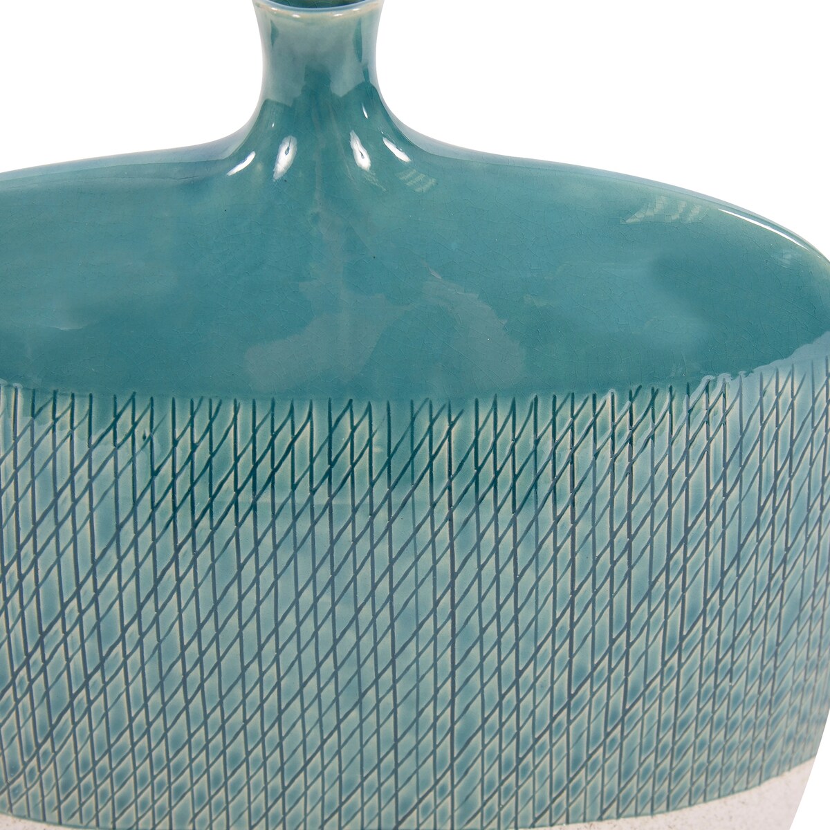 Allan Andrews Sea Blue Cross Hatched Flat Ceramic Vase - 12H x 12W x 4D