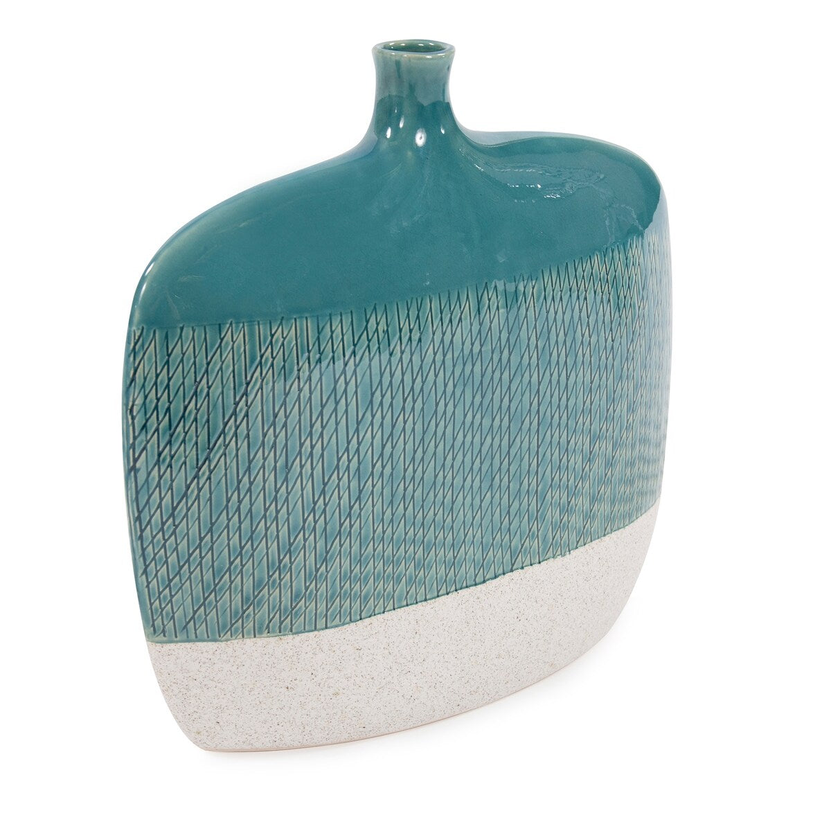 Allan Andrews Sea Blue Cross Hatched Flat Ceramic Vase - 12H x 12W x 4D