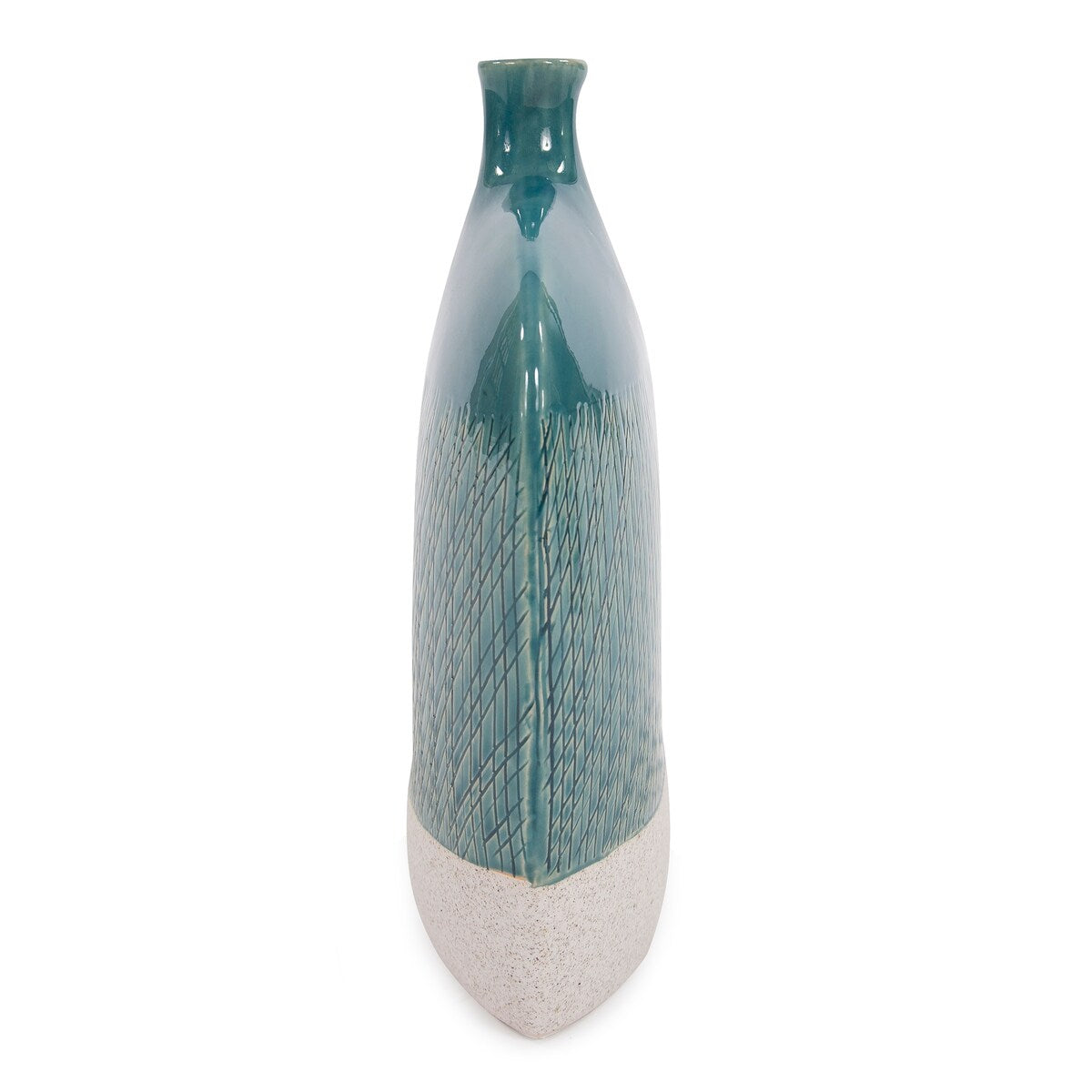 Allan Andrews Sea Blue Cross Hatched Flat Ceramic Vase - 12H x 12W x 4D