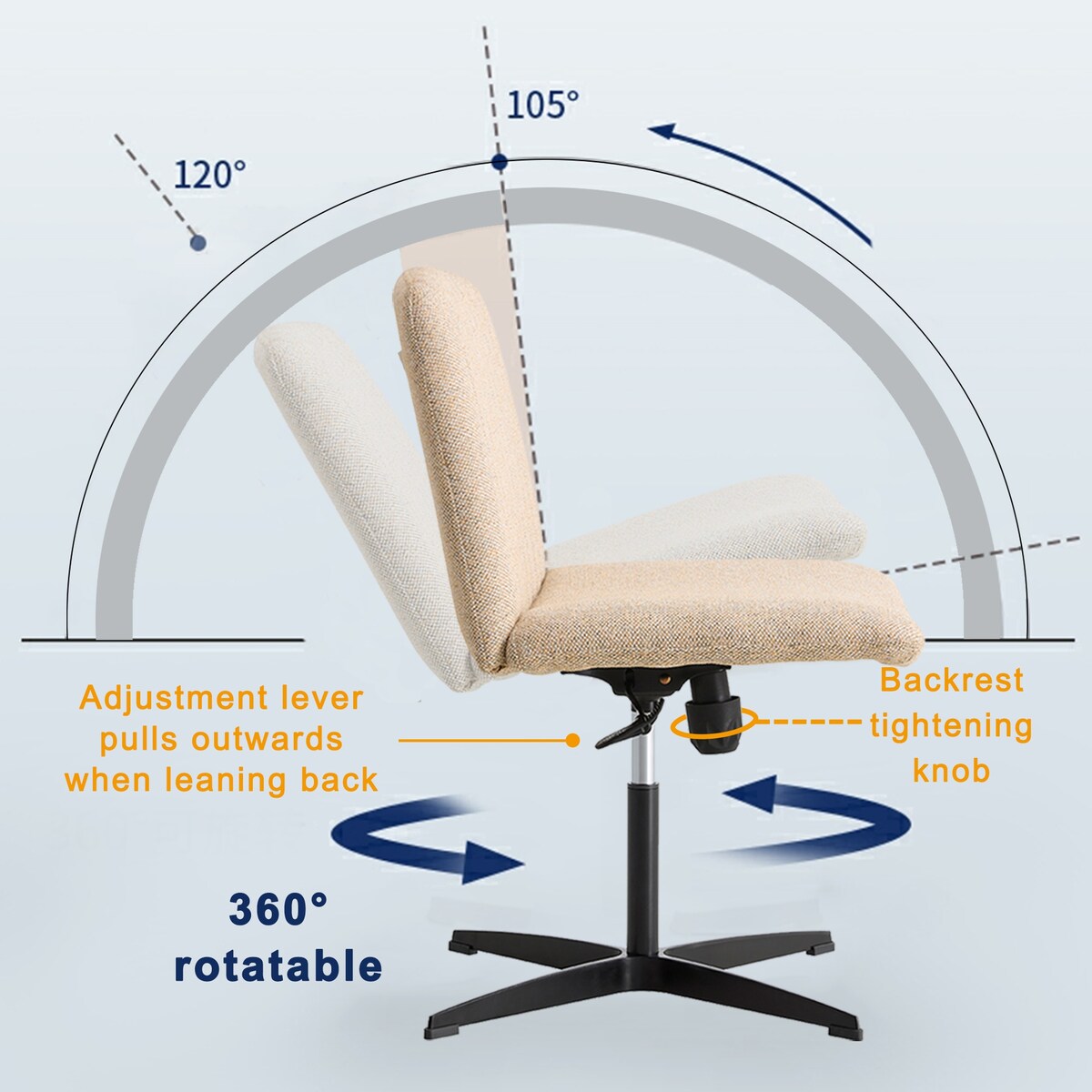 Cross Legged Office Desk Chair No Wheels Padded Modern Swivel Height Adjustable Wide Seat Computer Task Vanity Chair