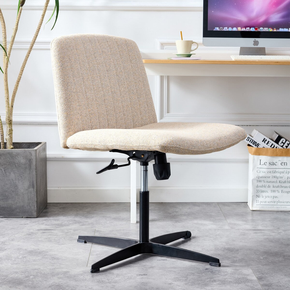 Cross Legged Office Desk Chair No Wheels Padded Modern Swivel Height Adjustable Wide Seat Computer Task Vanity Chair