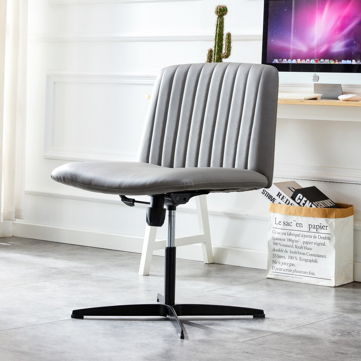 Cross Legged Office Desk Chair No Wheels Padded Modern Swivel Height Adjustable Wide Seat Computer Task Vanity Chair