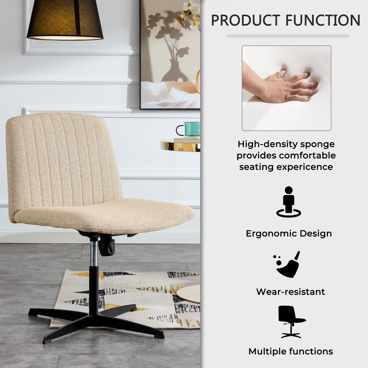 Cross Legged Office Desk Chair No Wheels Padded Modern Swivel Height Adjustable Wide Seat Computer Task Vanity Chair