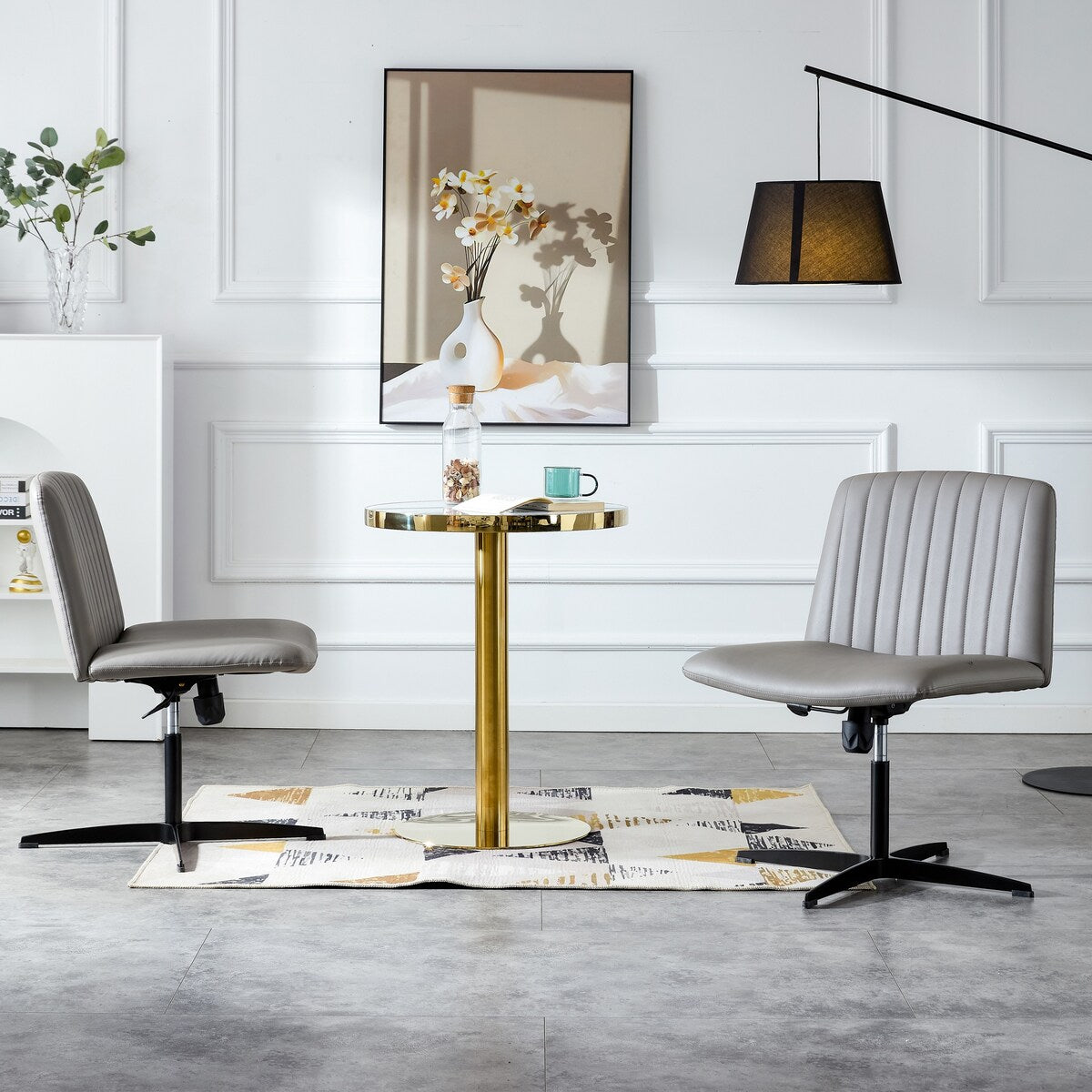 Cross Legged Office Desk Chair No Wheels Padded Modern Swivel Height Adjustable Wide Seat Computer Task Vanity Chair
