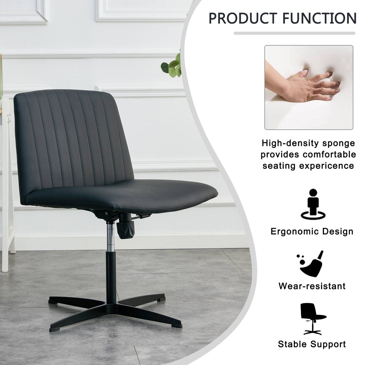 Cross Legged Office Desk Chair No Wheels Padded Modern Swivel Height Adjustable Wide Seat Computer Task Vanity Chair