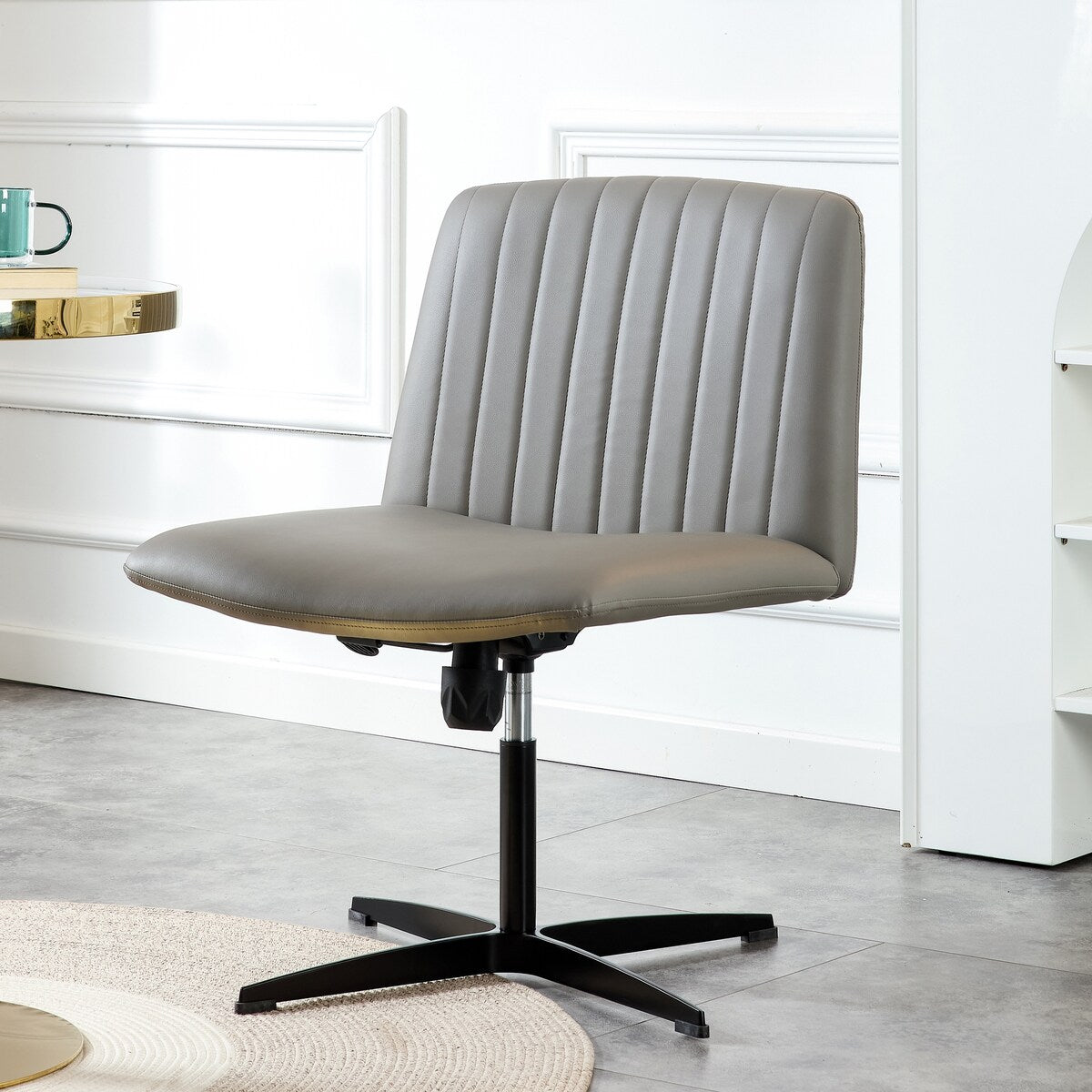 Cross Legged Office Desk Chair No Wheels Padded Modern Swivel Height Adjustable Wide Seat Computer Task Vanity Chair
