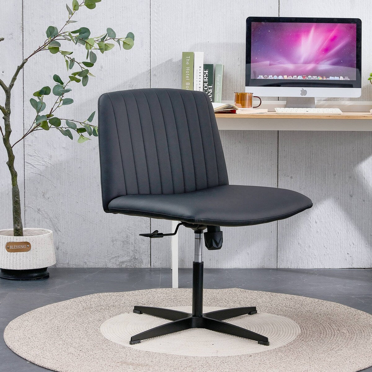 Cross Legged Office Desk Chair No Wheels Padded Modern Swivel Height Adjustable Wide Seat Computer Task Vanity Chair