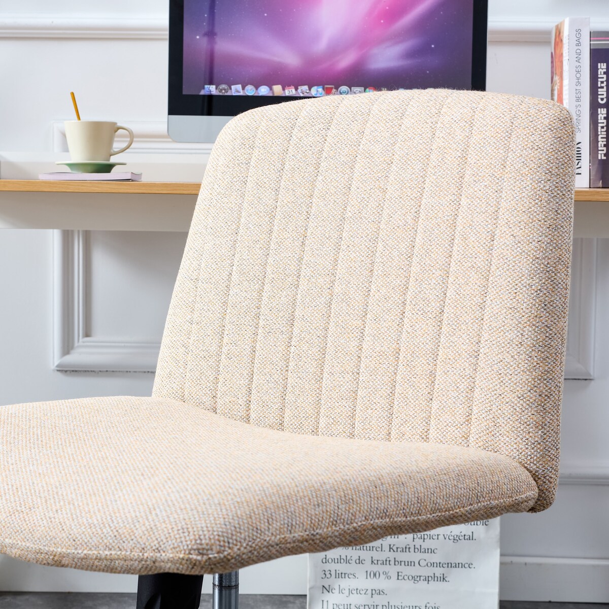 Cross Legged Office Desk Chair No Wheels Padded Modern Swivel Height Adjustable Wide Seat Computer Task Vanity Chair