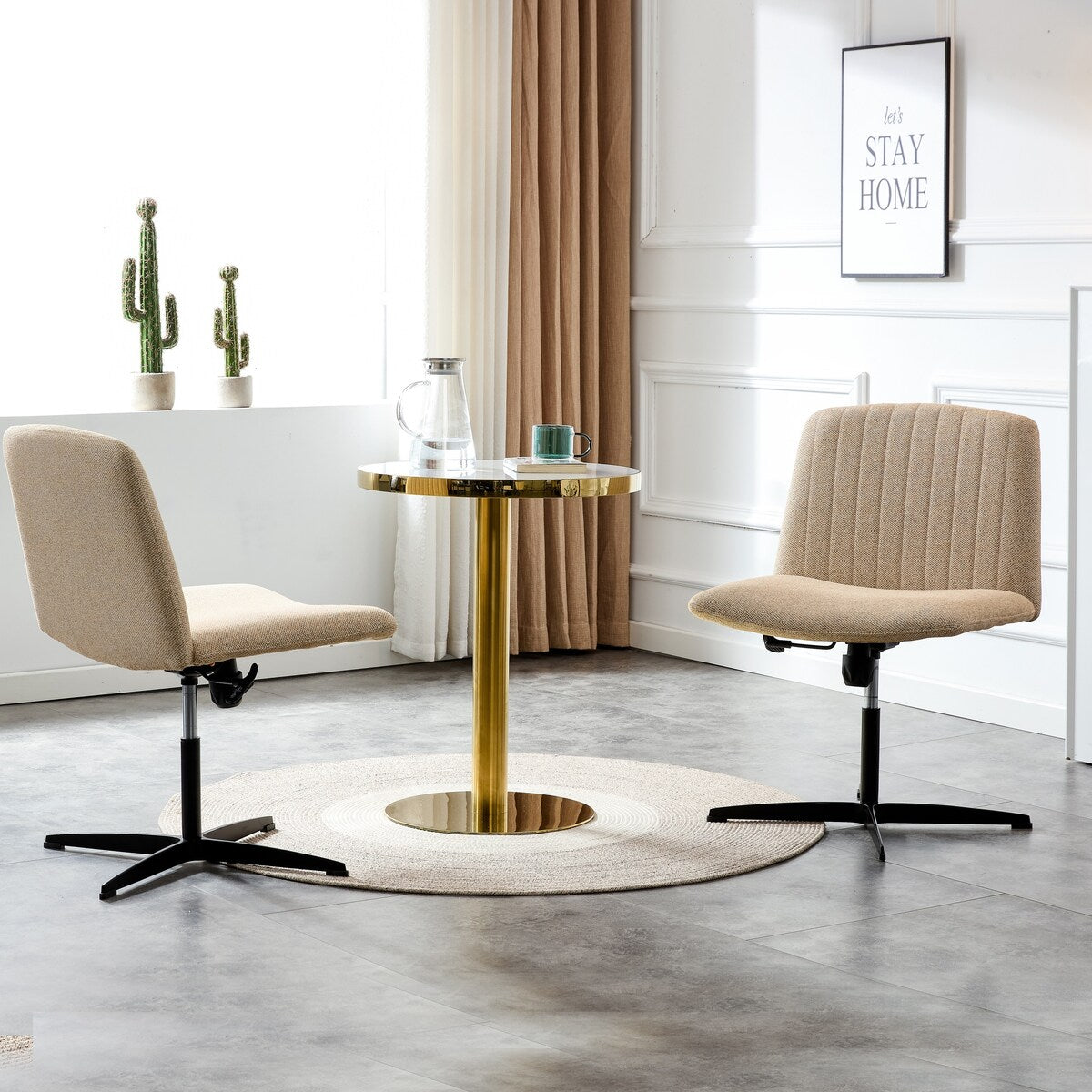Cross Legged Office Desk Chair No Wheels Padded Modern Swivel Height Adjustable Wide Seat Computer Task Vanity Chair
