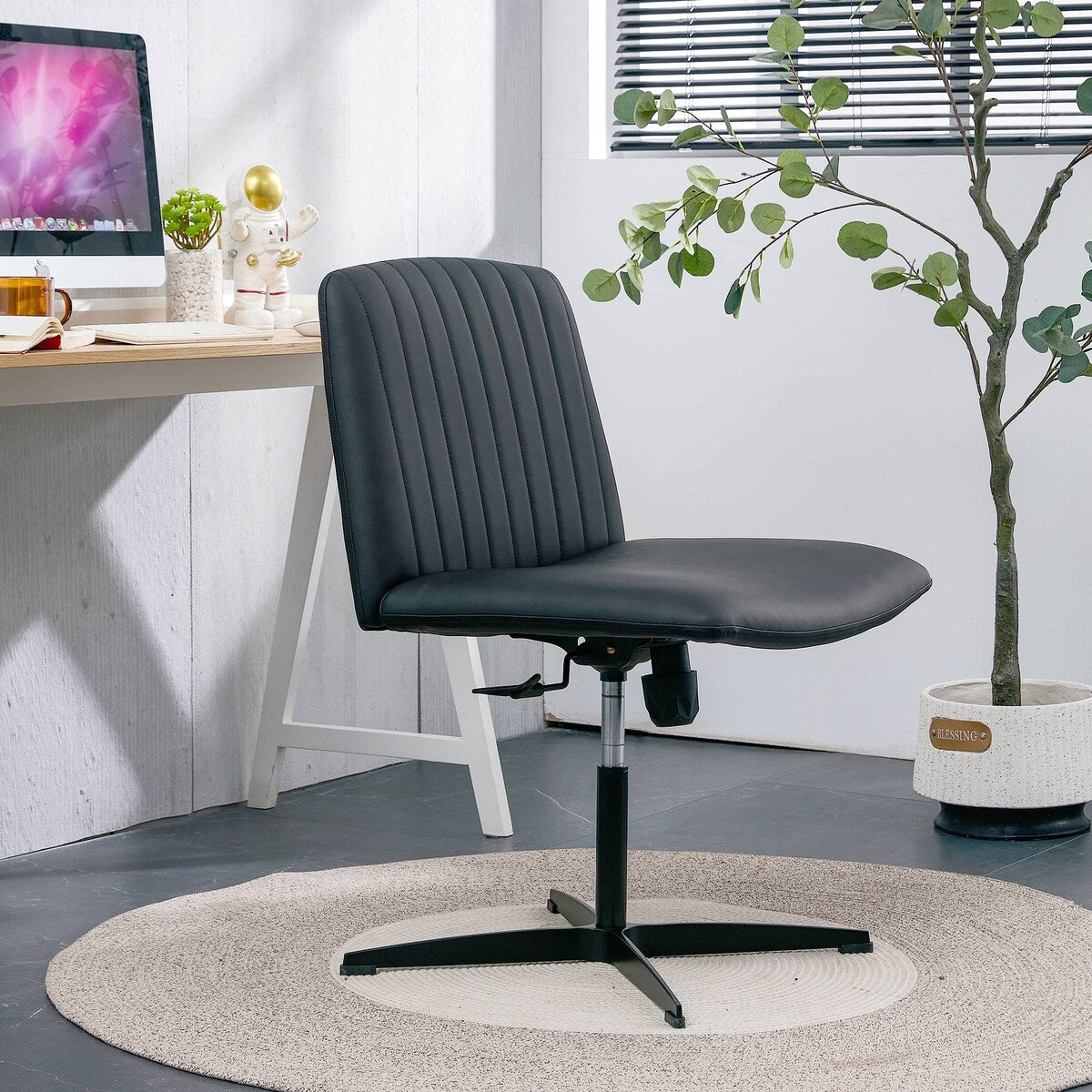 Cross Legged Office Desk Chair No Wheels Padded Modern Swivel Height Adjustable Wide Seat Computer Task Vanity Chair