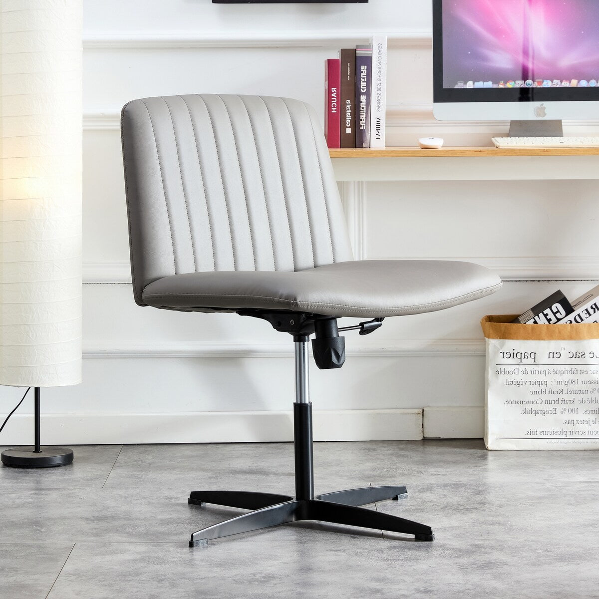 Cross Legged Office Desk Chair No Wheels Padded Modern Swivel Height Adjustable Wide Seat Computer Task Vanity Chair