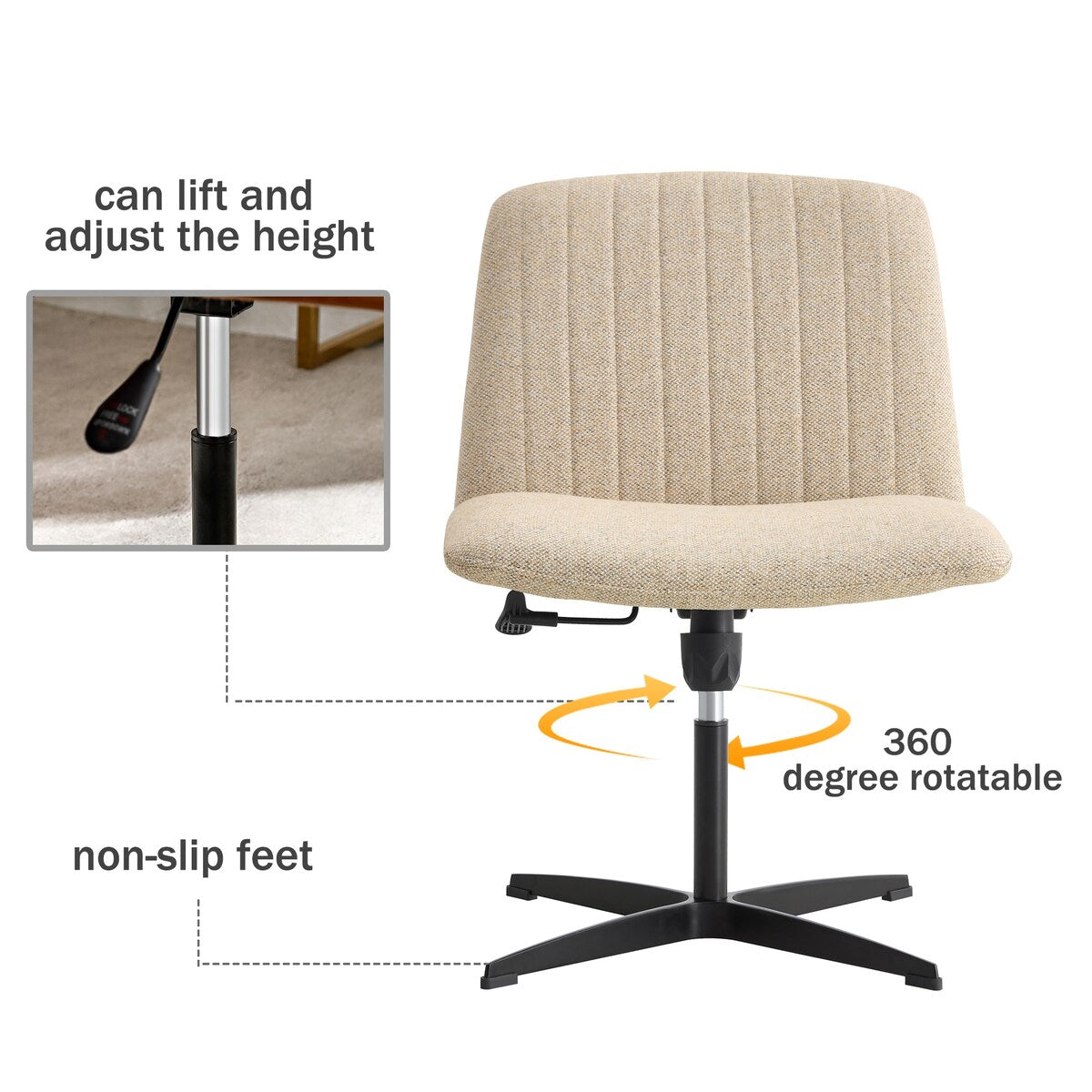 Cross Legged Office Desk Chair No Wheels Padded Modern Swivel Height Adjustable Wide Seat Computer Task Vanity Chair