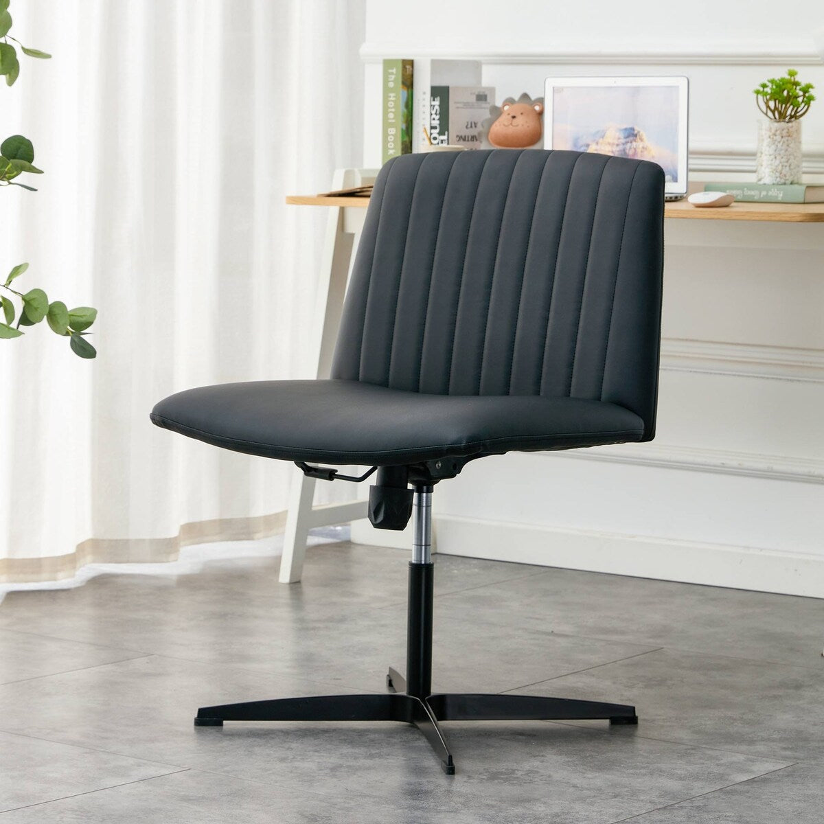 Cross Legged Office Desk Chair No Wheels Padded Modern Swivel Height Adjustable Wide Seat Computer Task Vanity Chair