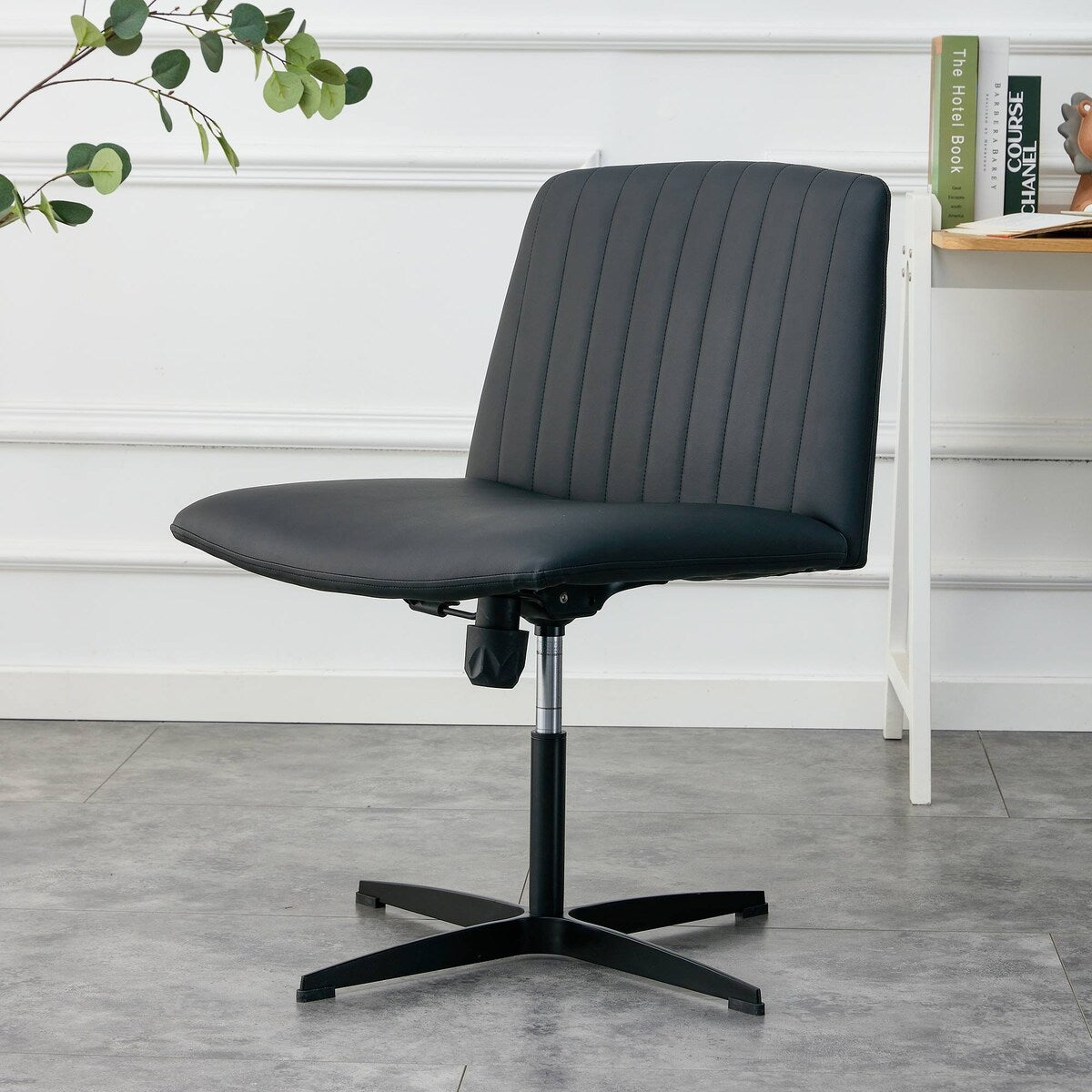 Cross Legged Office Desk Chair No Wheels Padded Modern Swivel Height Adjustable Wide Seat Computer Task Vanity Chair