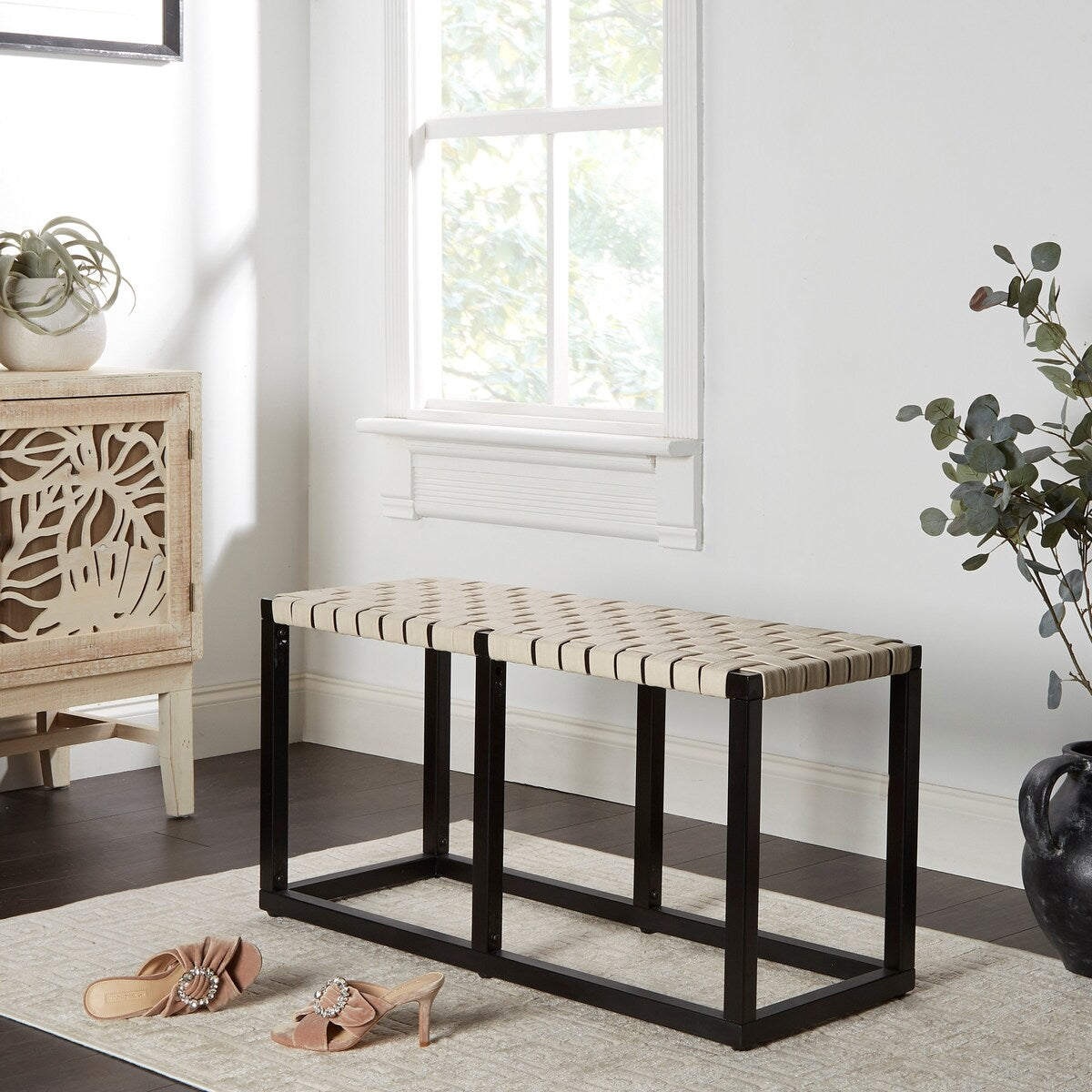 Crowley Metal and Faux Leather Accent Bench