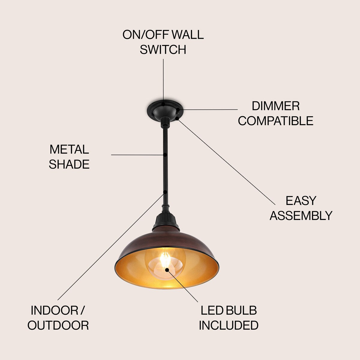 Croydon 12.25" 1-Light Farmhouse Industrial Indoor/Outdoor Iron LED Pendant, by JONATHAN Y - 12.25