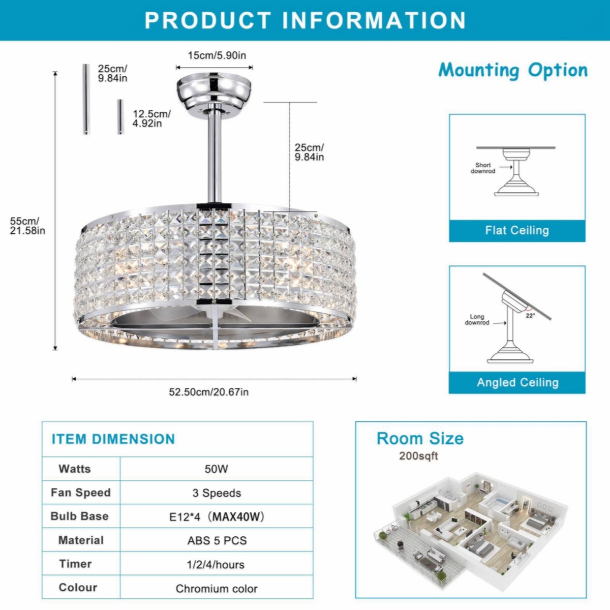 Crystal Caged Ceiling Fan with Lights Remote Control, 20".67 Enclosed Ceiling Fan, Rustic Farmhouse Ceiling Fan with Light