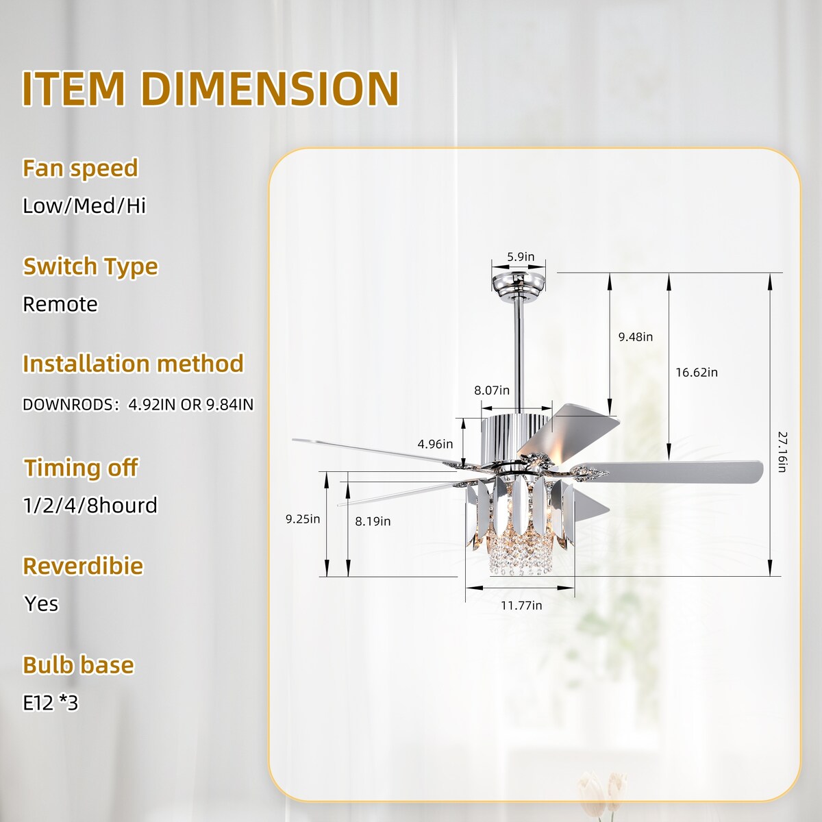 Crystal Ceiling Fan Reversible Blades 3 Wind Speeds Remote Control