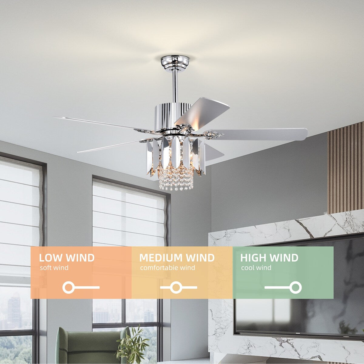 Crystal Ceiling Fan Reversible Blades 3 Wind Speeds Remote Control