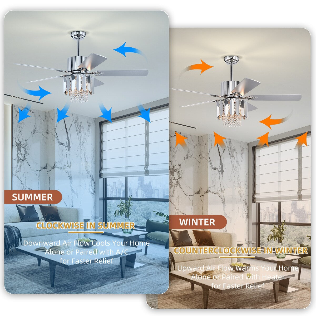 Crystal Ceiling Fan Reversible Blades 3 Wind Speeds Remote Control