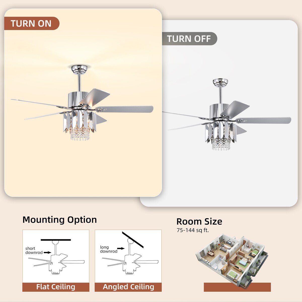 Crystal Ceiling Fan Reversible Blades 3 Wind Speeds Remote Control