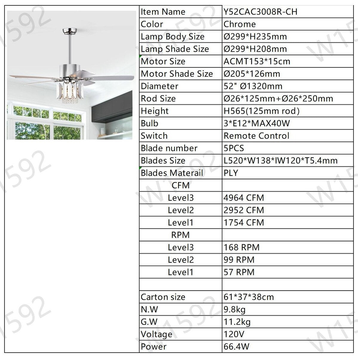 Crystal Ceiling Fan Reversible Blades 3 Wind Speeds Remote Control