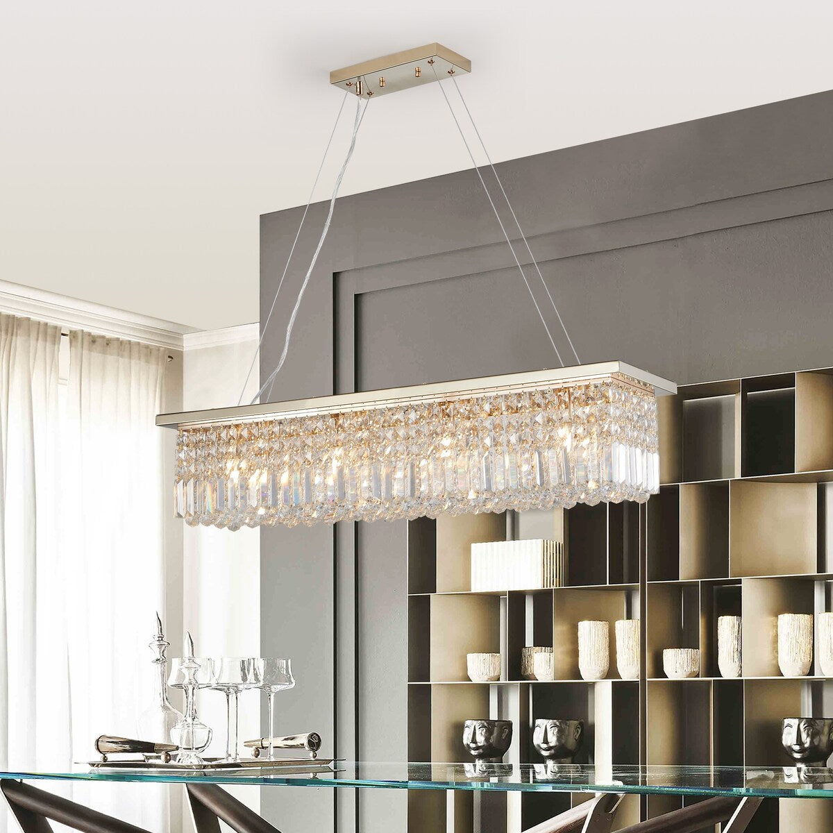 Crystal Chandelier 8-Light Rectangle Raindrop Chandelier Rectangular Pendant Light L39.4"x W9.8"xH8.7"(Bulb Not Included)