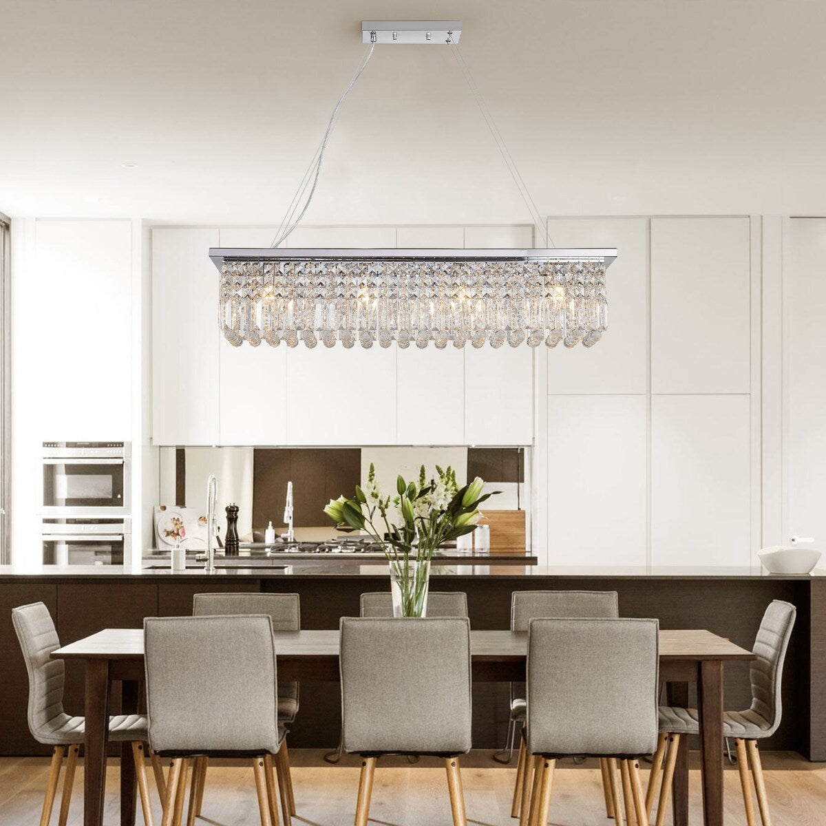 Crystal Chandelier 8-Light Rectangle Raindrop Chandelier Rectangular Pendant Light L39.4"x W9.8"xH8.7"(Bulb Not Included)