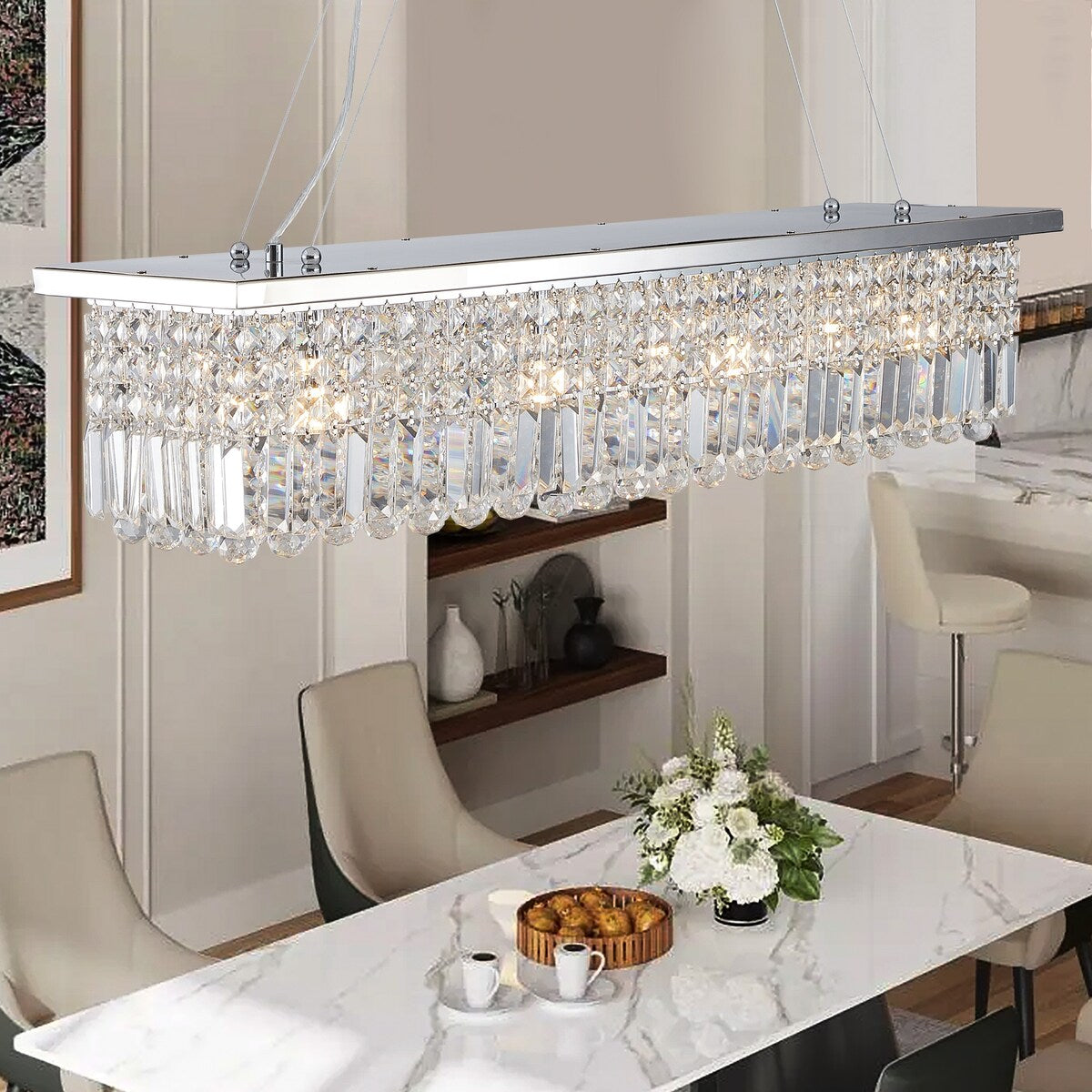 Crystal Chandelier 8-Light Rectangle Raindrop Chandelier Rectangular Pendant Light L39.4"x W9.8"xH8.7"(Bulb Not Included)
