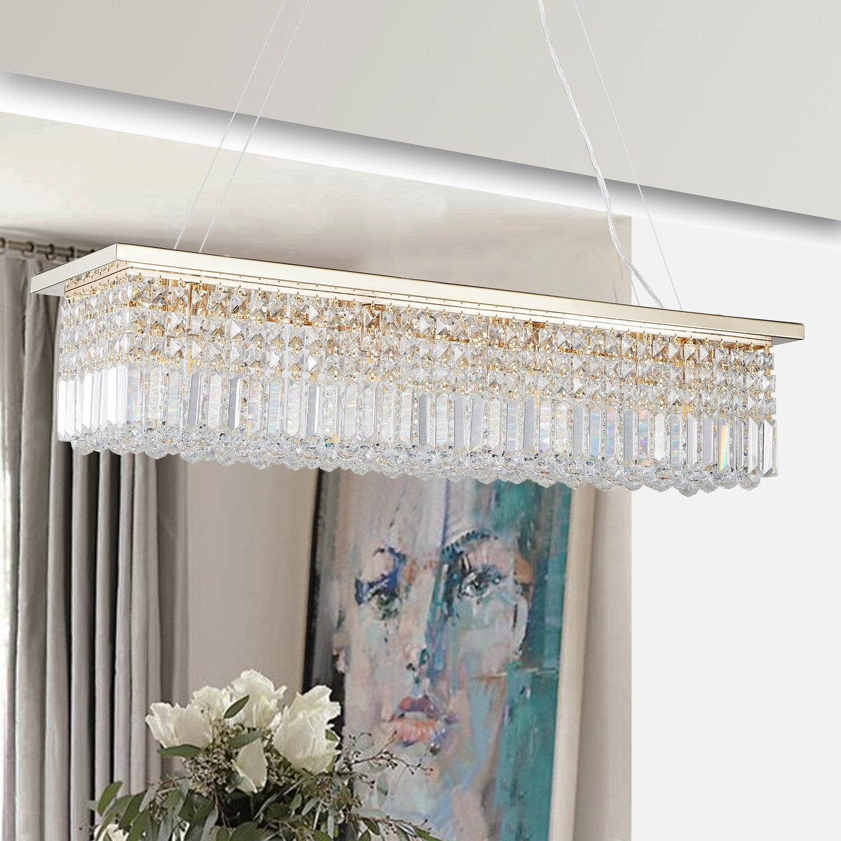 Crystal Chandelier 8-Light Rectangle Raindrop Chandelier Rectangular Pendant Light L39.4"x W9.8"xH8.7"(Bulb Not Included)