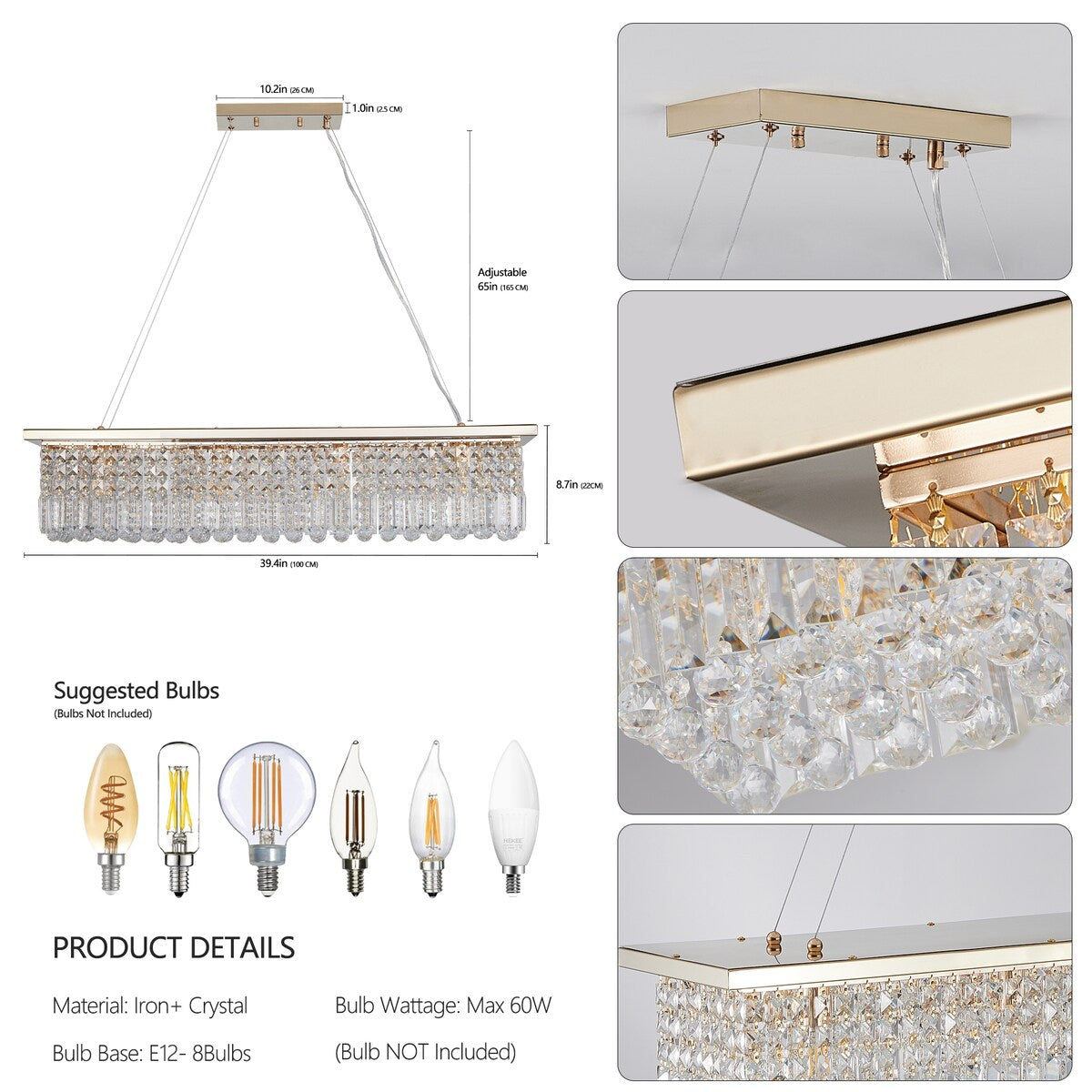 Crystal Chandelier 8-Light Rectangle Raindrop Chandelier Rectangular Pendant Light L39.4"x W9.8"xH8.7"(Bulb Not Included)