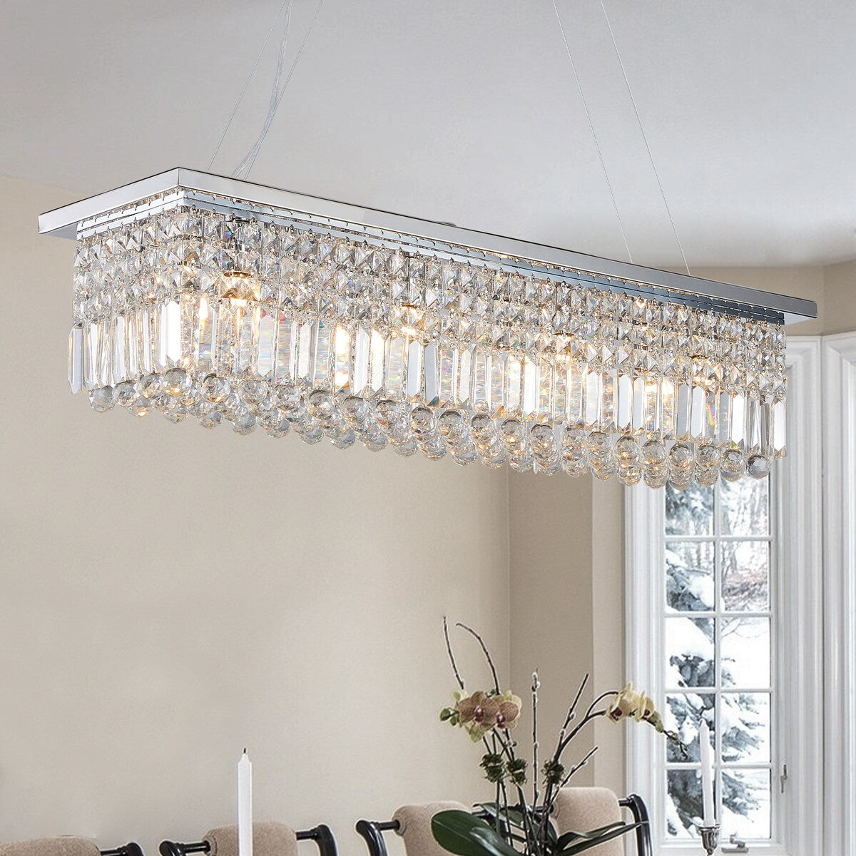 Crystal Chandelier 8-Light Rectangle Raindrop Chandelier Rectangular Pendant Light L39.4"x W9.8"xH8.7"(Bulb Not Included)