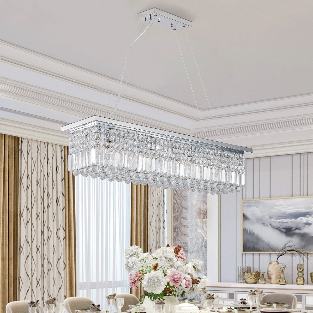 Crystal Chandelier 8-Light Rectangle Raindrop Chandelier Rectangular Pendant Light L39.4"x W9.8"xH8.7"(Bulb Not Included)