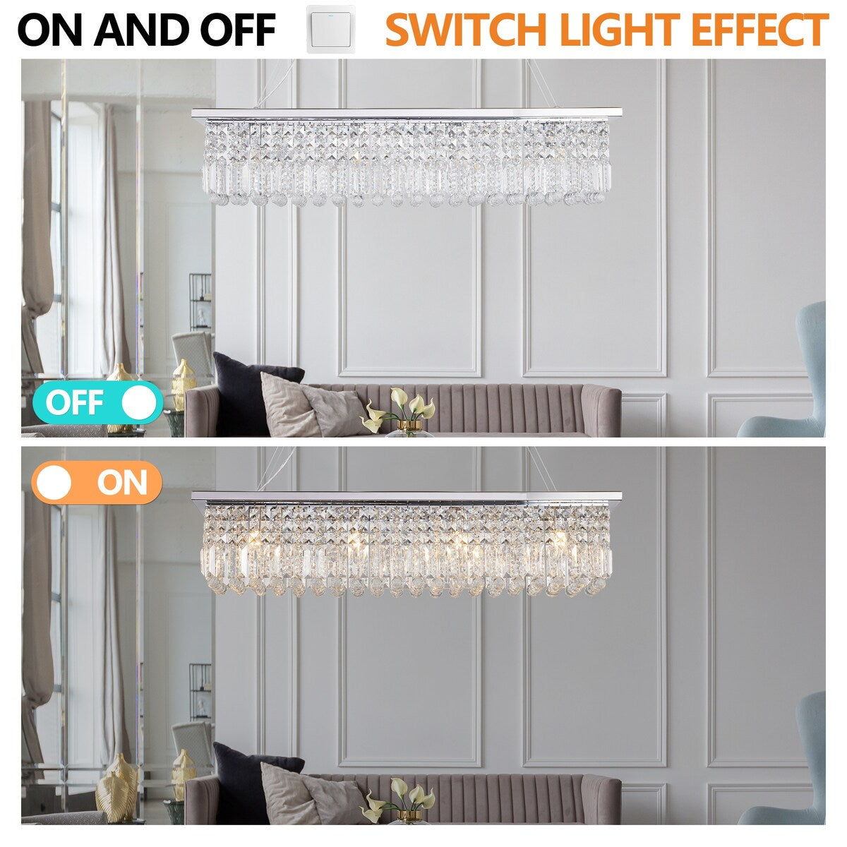 Crystal Chandelier 8-Light Rectangle Raindrop Chandelier Rectangular Pendant Light L39.4"x W9.8"xH8.7"(Bulb Not Included)