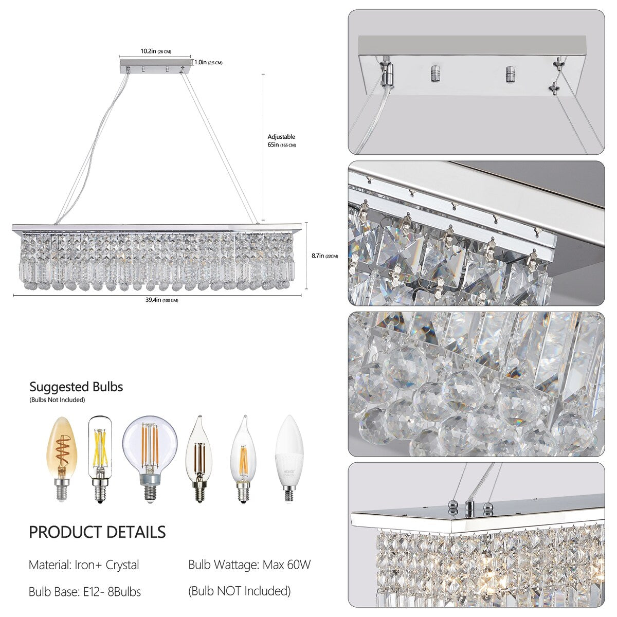 Crystal Chandelier 8-Light Rectangle Raindrop Chandelier Rectangular Pendant Light L39.4"x W9.8"xH8.7"(Bulb Not Included)