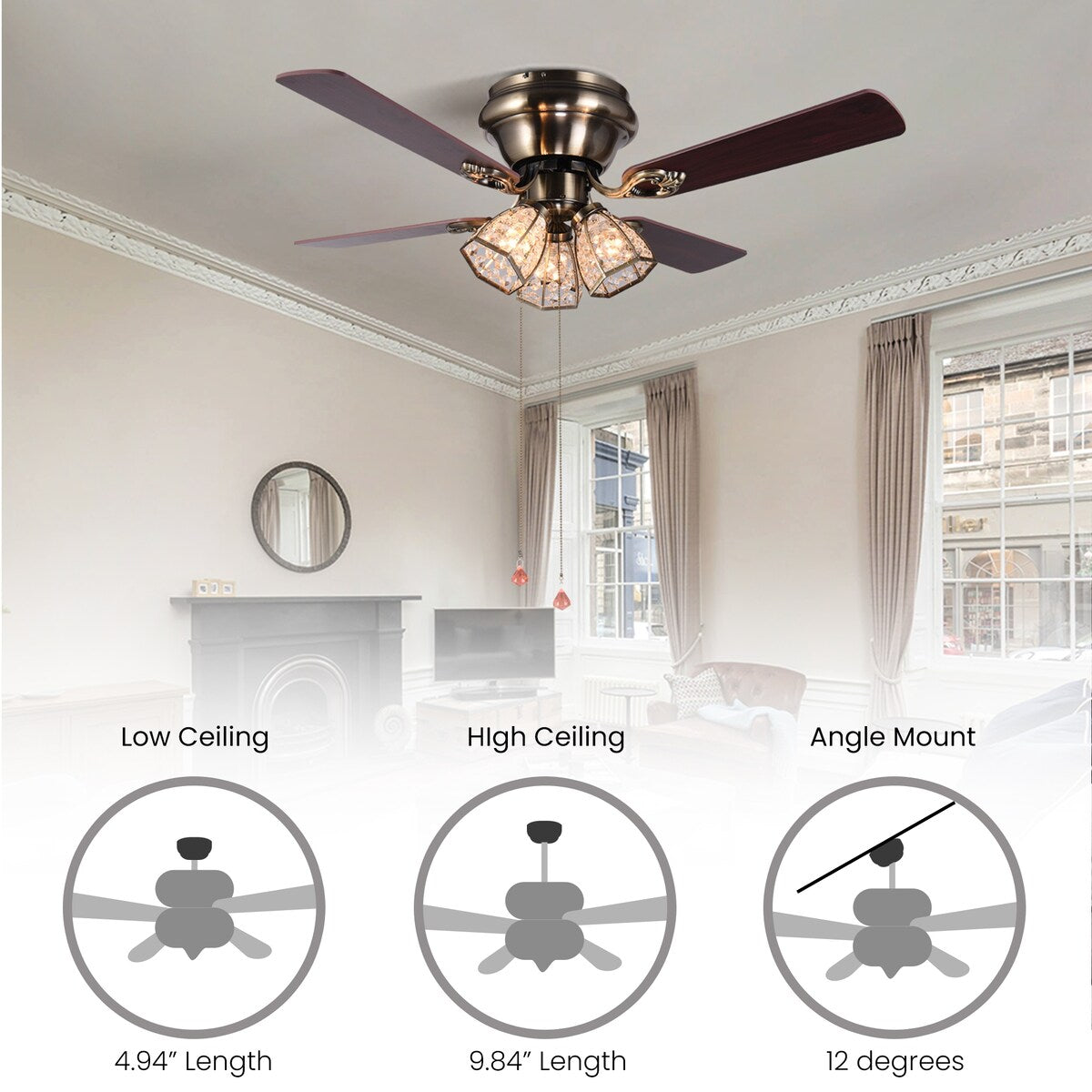 Crystal Reversible Motor Ceiling Fan - 48x48x16.53
