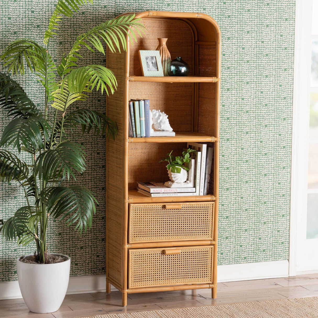 Curacao Modern Bohemian Light Honey Rattan 2-Drawer Bookcase