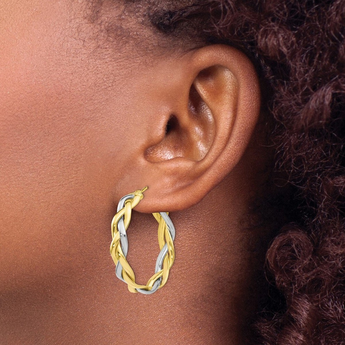 Curata 10k Two Tone Gold Polished Braided 32x6mm Hoop Earrings