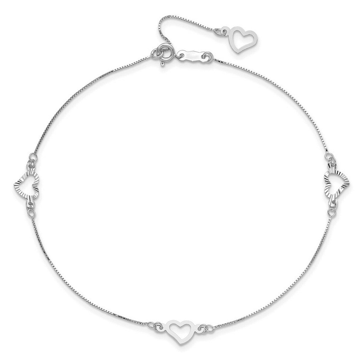 Curata 14k White Gold Fancy Love Heart Plus 1in Ext. Anklet 9 Inch
