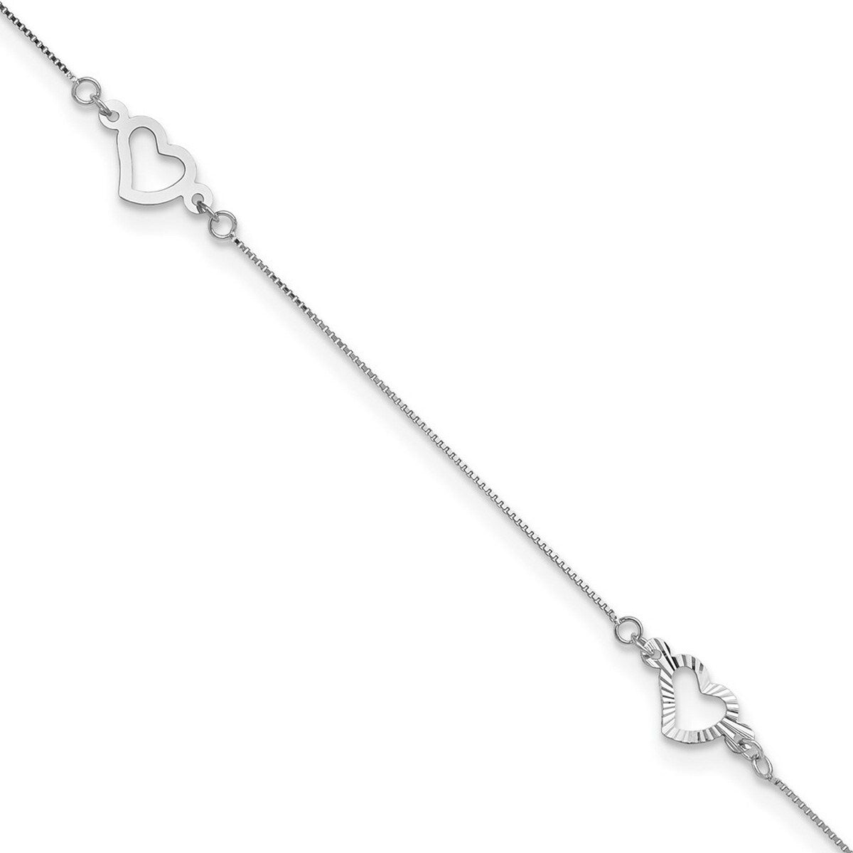 Curata 14k White Gold Fancy Love Heart Plus 1in Ext. Anklet 9 Inch