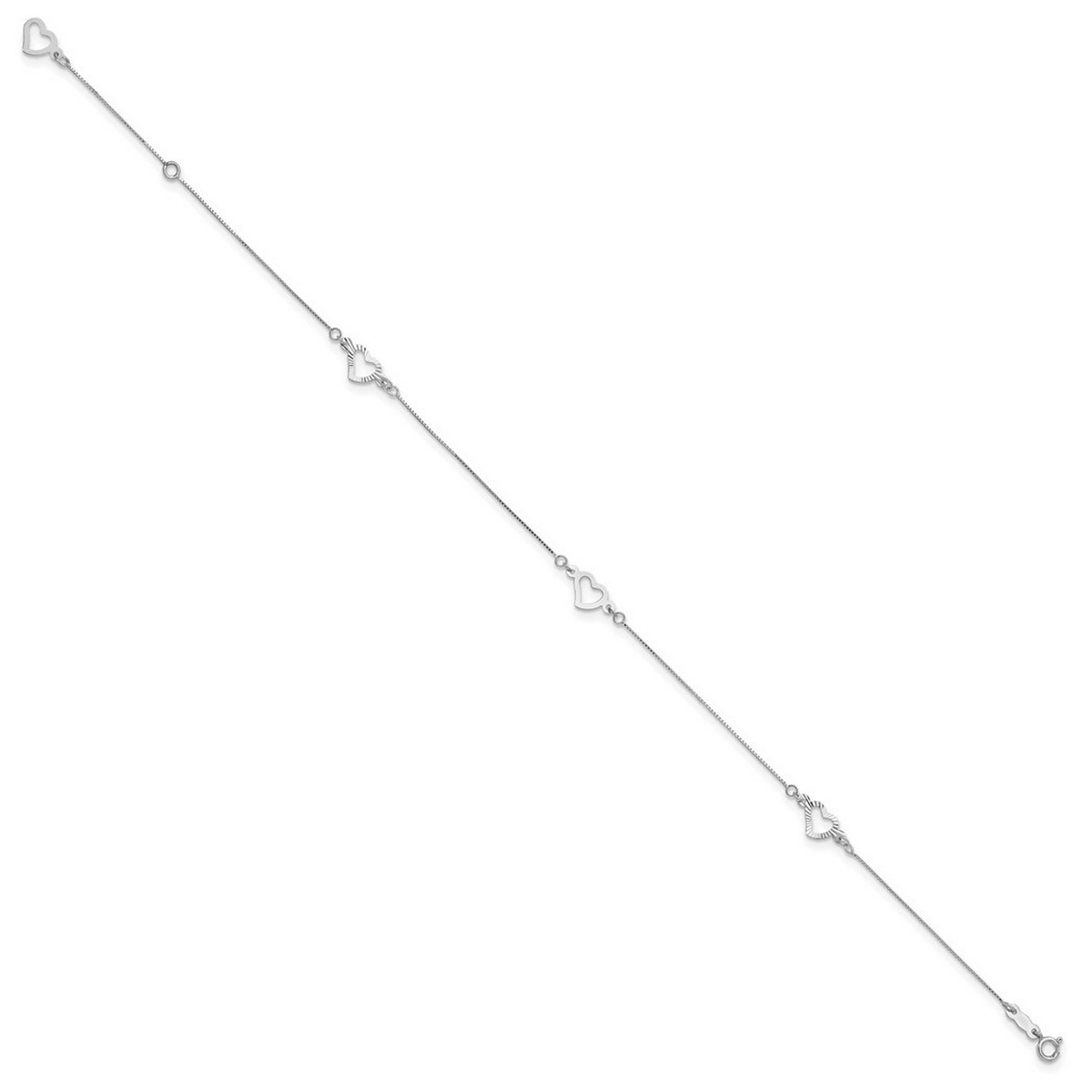 Curata 14k White Gold Fancy Love Heart Plus 1in Ext. Anklet 9 Inch