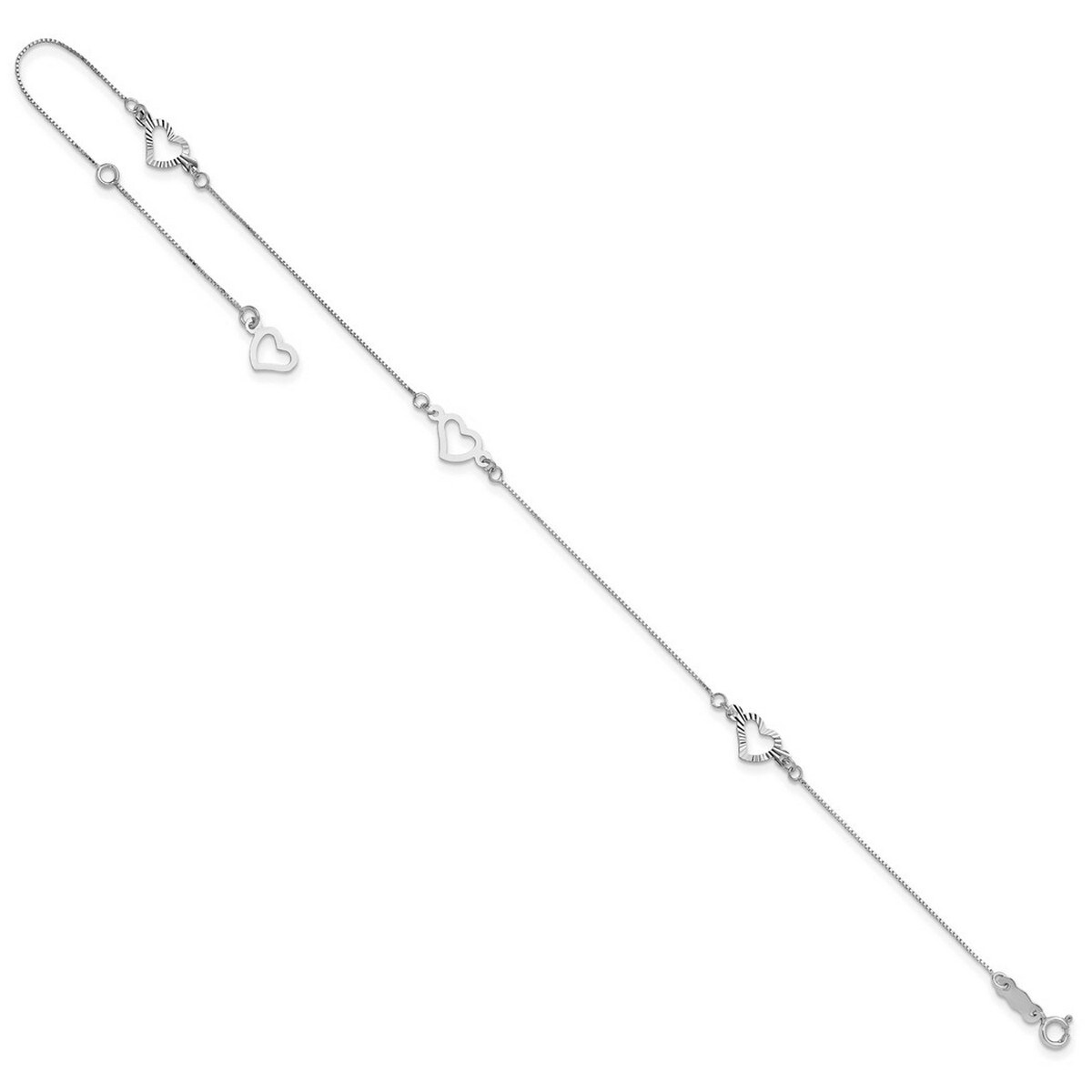 Curata 14k White Gold Fancy Love Heart Plus 1in Ext. Anklet 9 Inch